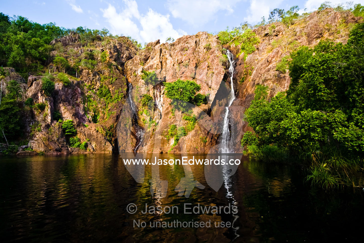 A waterfall cascades down a cliff face from a sandstone escarpment. Wangi Falls, Litchfield National Park, Northern Territory, Australia.