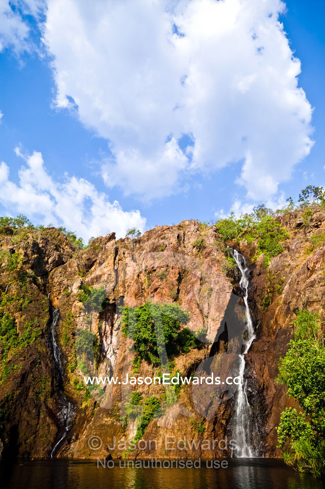 A waterfall cascades down a cliff face from a sandstone escarpment. Wangi Falls, Litchfield National Park, Northern Territory, Australia.