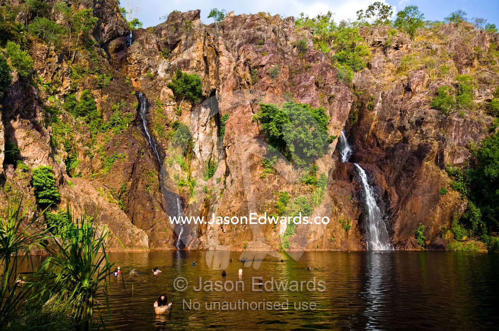 A waterfall cascades down a cliff face into a cool swimming waterhole. Wangi Falls, Litchfield National Park, Northern Territory, Australia.