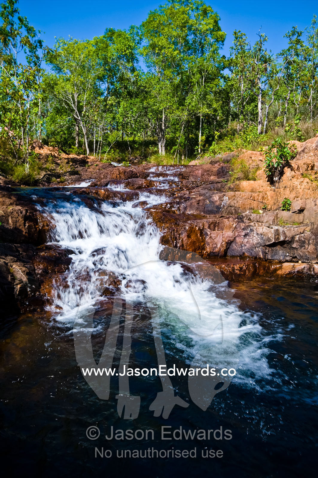 Pristine waterfalls flow over sandstone escarpments into plunge pools. Buley Rockhole, Litchfield National Park, Northern Territory, Australia.