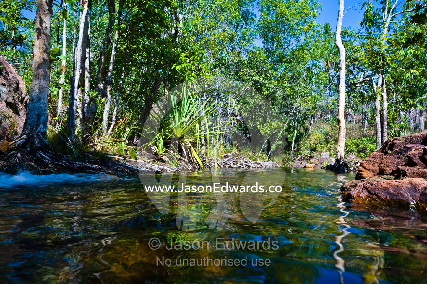 Pristine waterfalls flow into cool sandstone escarpment plunge pools. Buley Rockhole, Litchfield National Park, Northern Territory, Australia.