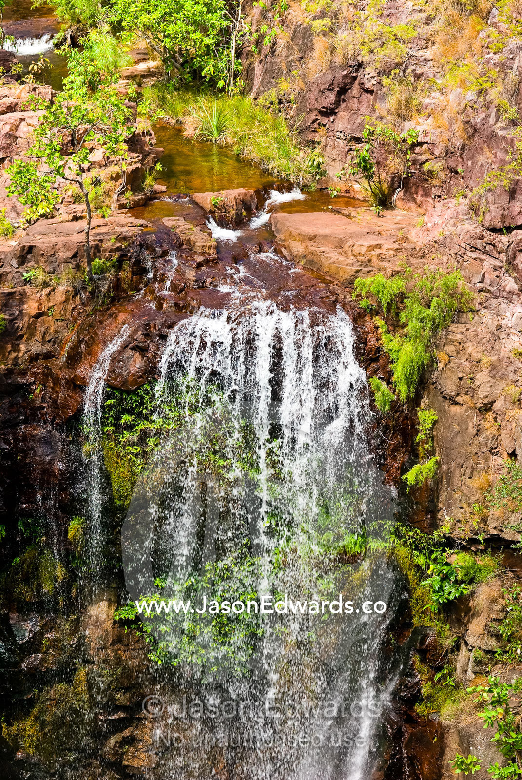 Pristine Florence Falls cascade over a remote sandstone escarpment. Florence Falls, Litchfield National Park, Northern Territory, Australia.