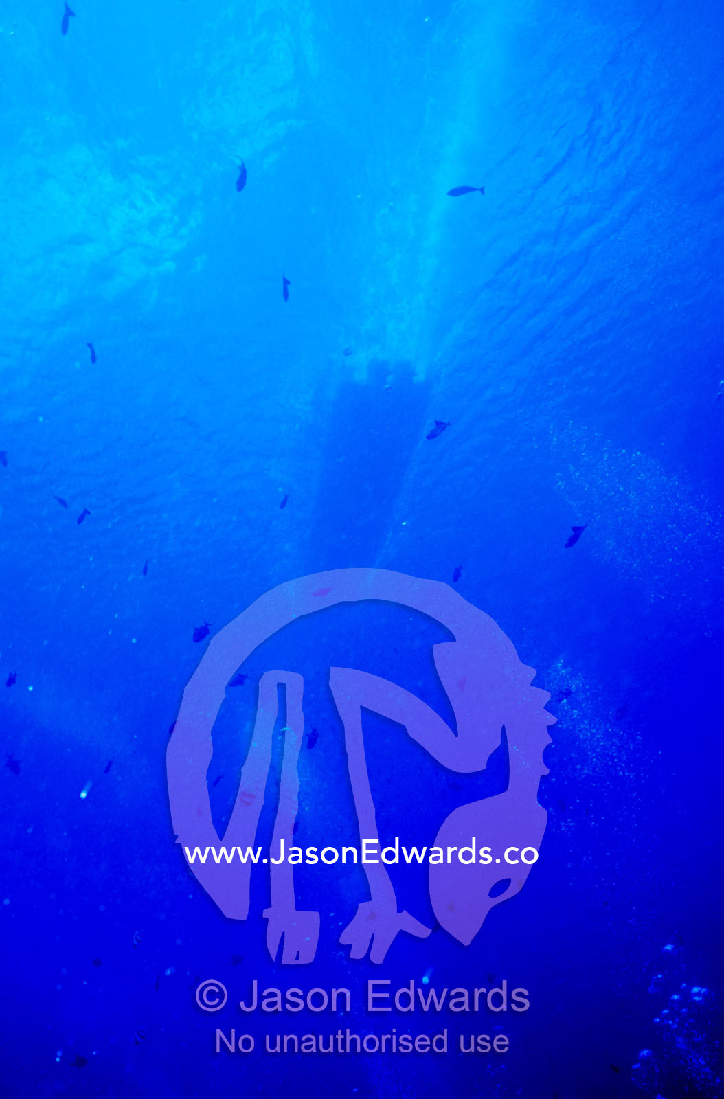 Scuba diving boat races across the ocean surface over divers' bubbles. Crystal Bay, Nusa Ceningan, Nusa Penida, Bali, Indonesia.