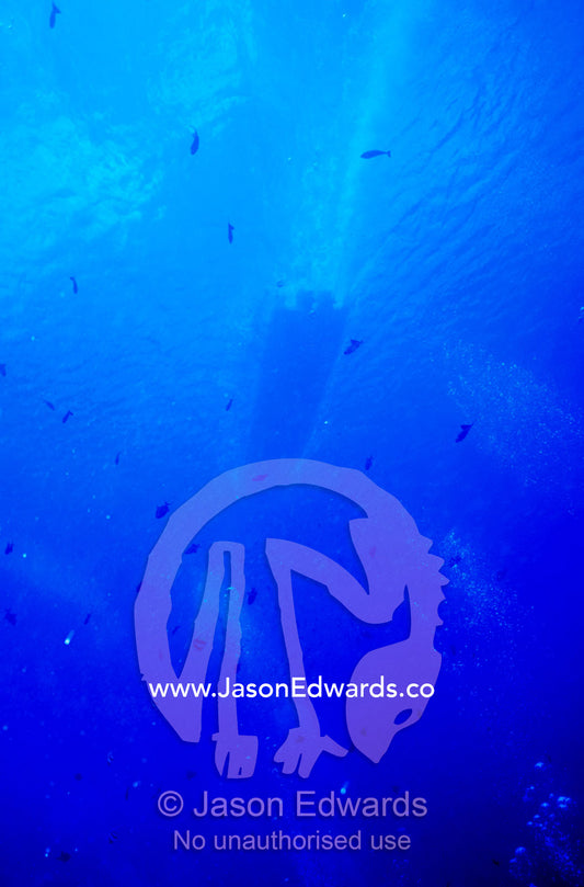 Scuba diving boat races across the ocean surface over divers' bubbles. Crystal Bay, Nusa Ceningan, Nusa Penida, Bali, Indonesia.