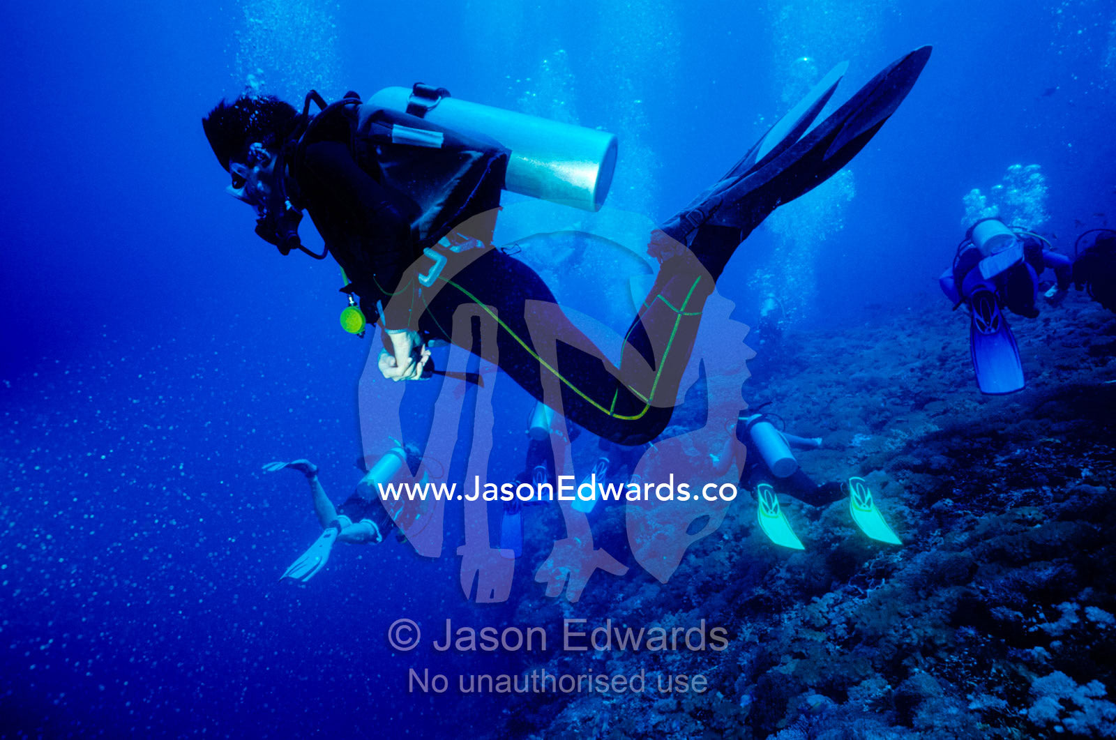 A swarm of scuba divers swims over fragile tropical coral reefs. Crystal Bay, Nusa Ceningan, Nusa Penida, Bali, Indonesia.