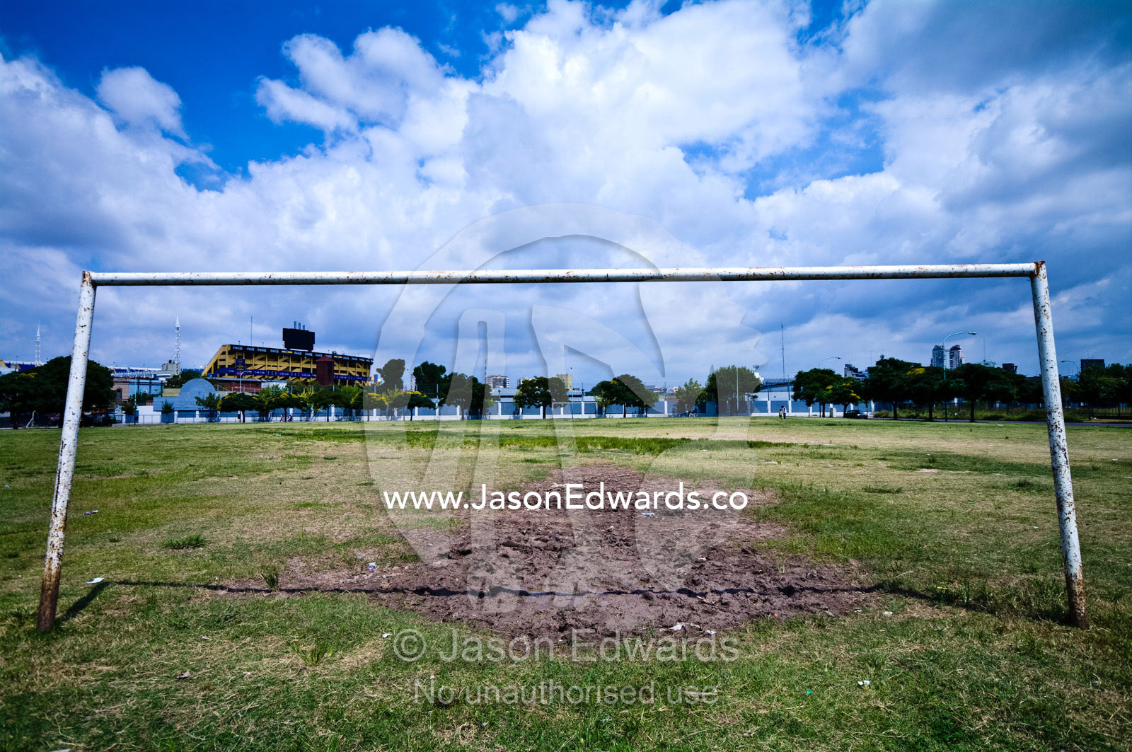 Goal posts on a suburban football field near La Bombonera stadium. La Boca, Buenos Aires, Argentina.
