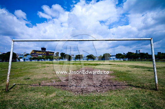 Goal posts on a suburban football field near La Bombonera stadium. La Boca, Buenos Aires, Argentina.