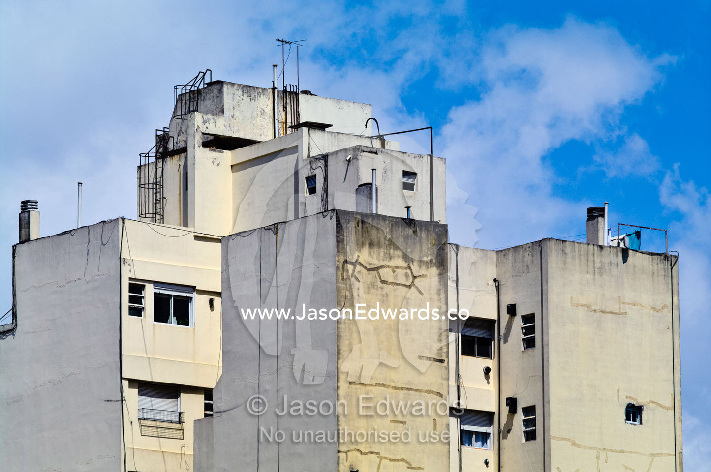 The cubic forms of a barren apartment block in a low income suburb. near La Boca, Buenos Aires, Argentina.