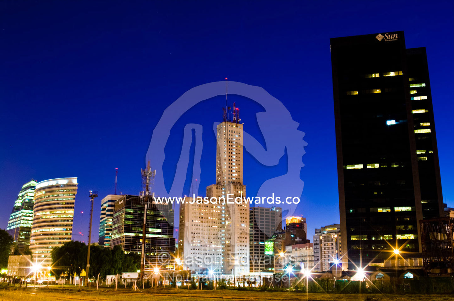 Nightfall over tall buildings in the Buenos Aires city skyline. Puerto Madero, Buenos Aires, Argentina.