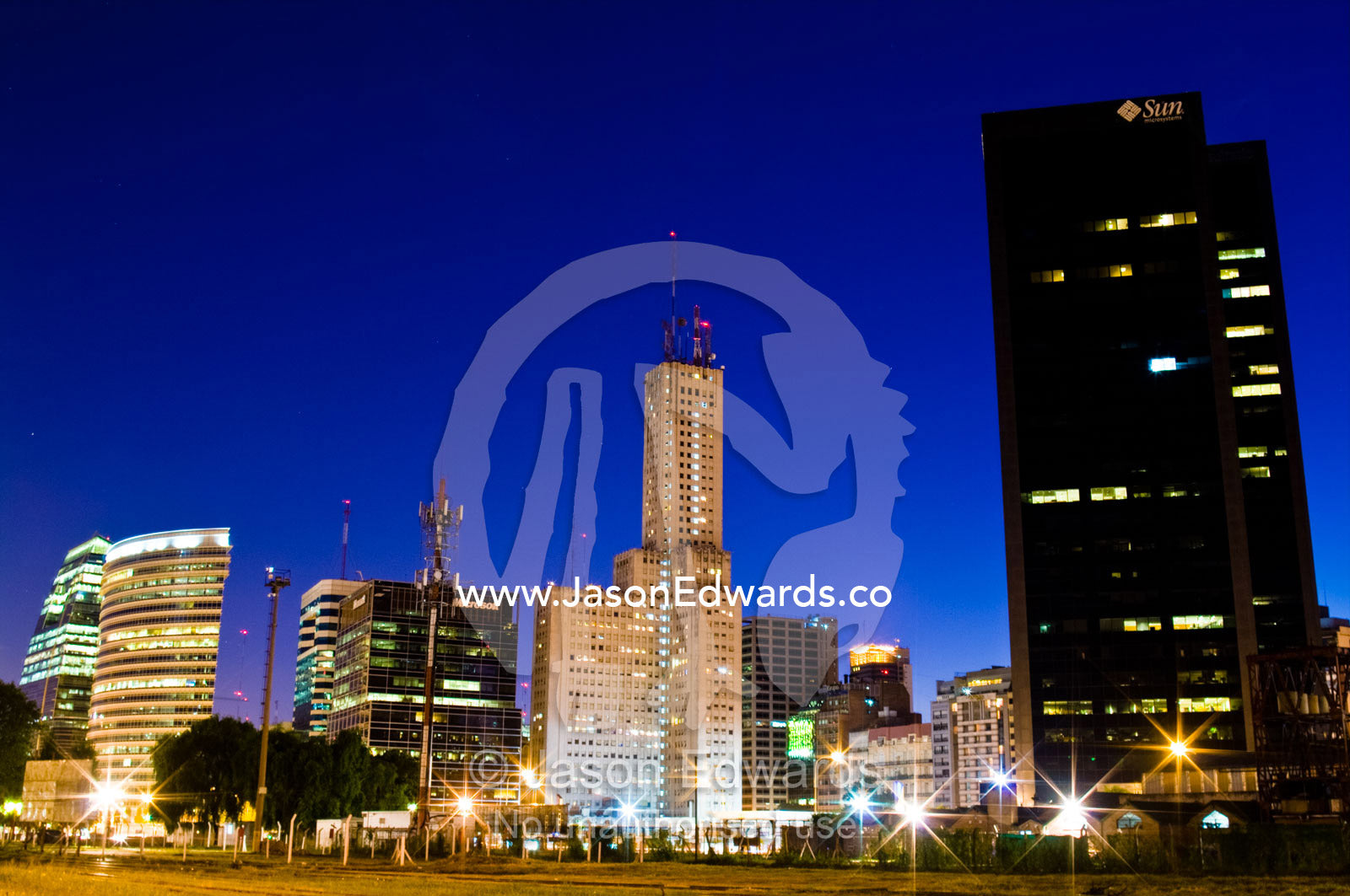 Nightfall over tall buildings in the Buenos Aires city skyline. Puerto Madero, Buenos Aires, Argentina.
