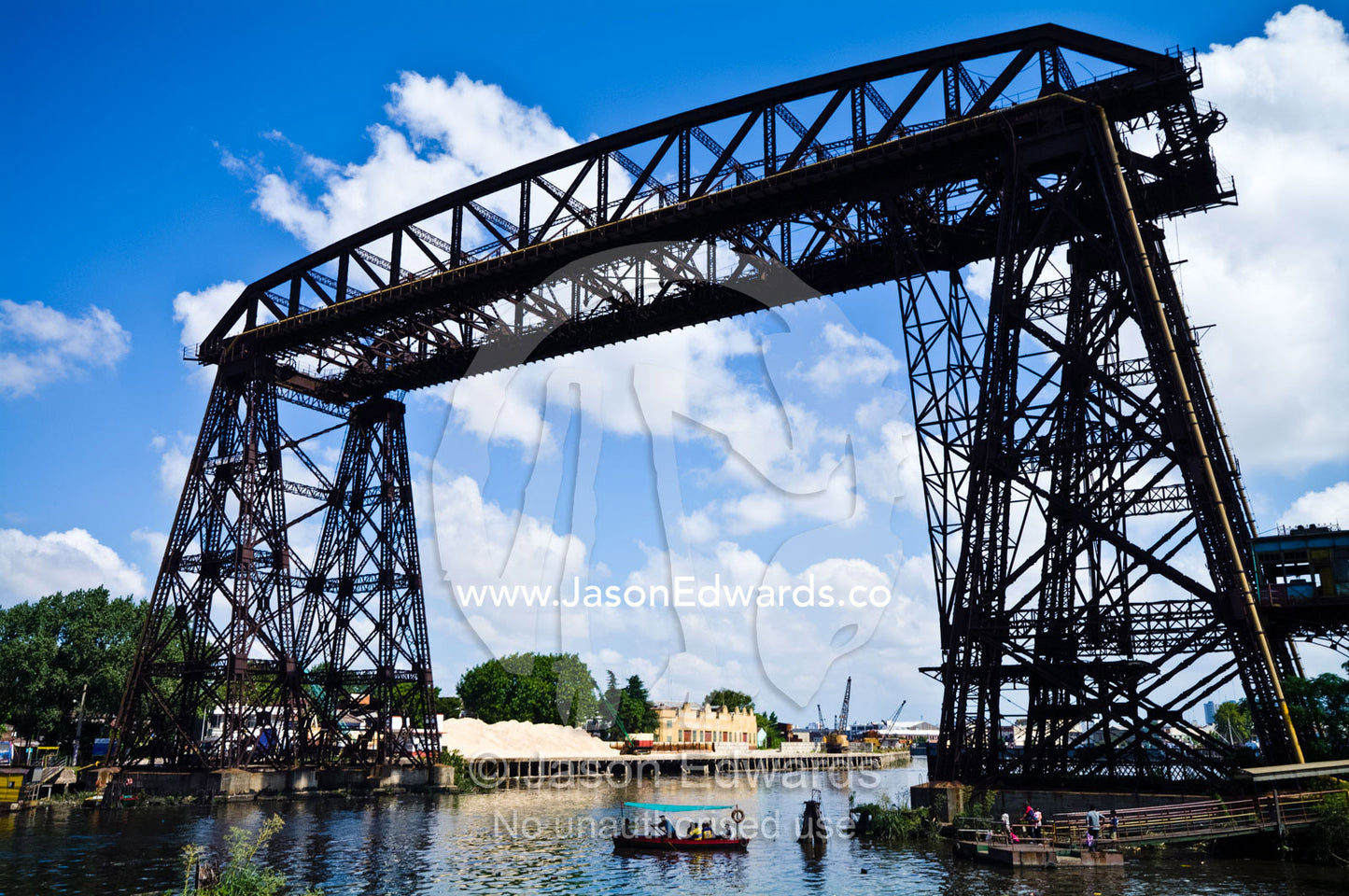 The Puente Transbordador built in 1914 is a Transporter Bridge. Rocha Bend, Riachuelo River, La Boca, Buenos Aires, Argentina.