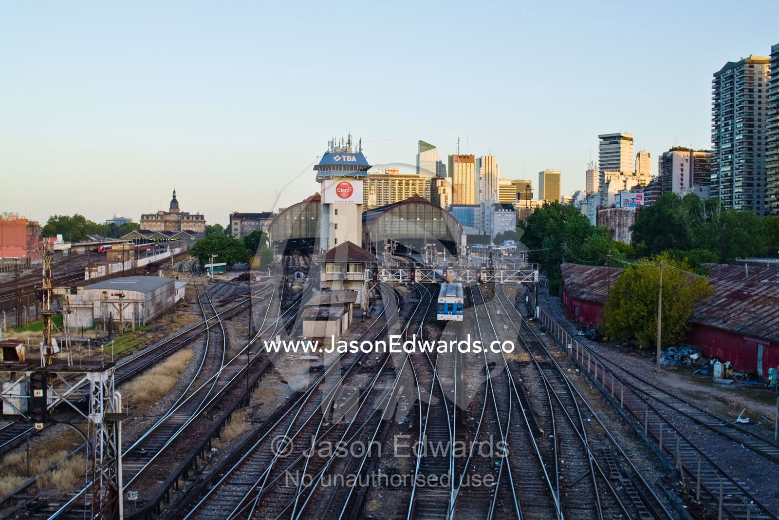 Countless tracks leading into a city railway station and control tower Estacion Retiro, Retiro Railway Station, Buenos Aires, Argentina.