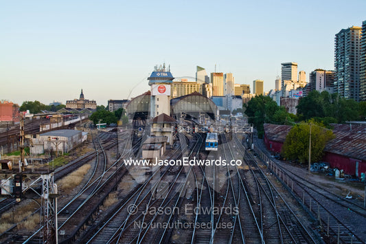 Countless tracks leading into a city railway station and control tower Estacion Retiro, Retiro Railway Station, Buenos Aires, Argentina.