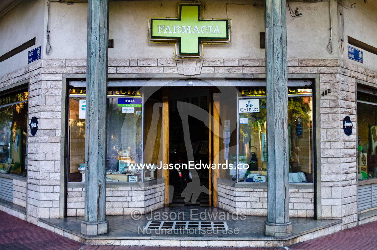 A European-styled pharmacy entrance in a wealthy Buenos Aires suburb. Banfield, Buenos Aires, Argentina.
