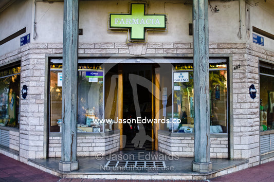 A European-styled pharmacy entrance in a wealthy Buenos Aires suburb. Banfield, Buenos Aires, Argentina.