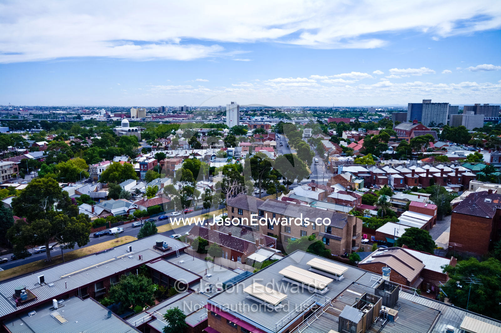A view looking over the rooftops of an inner city terrace suburb. North Melbourne, Melbourne, Victoria, Australia.