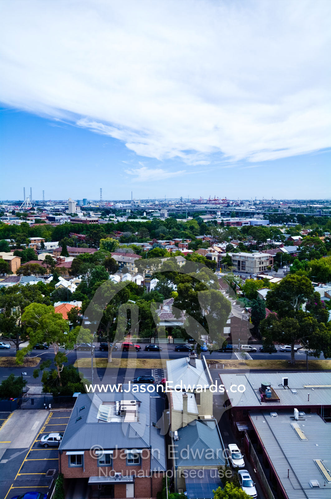 A view looking over the rooftops of an inner city terrace suburb. North Melbourne, Melbourne, Victoria, Australia.