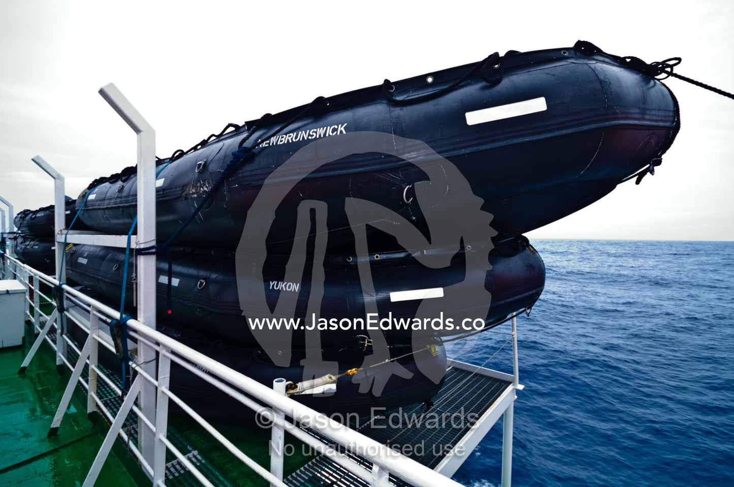 Inflatable boats known as Zodiacs on the deck of an Antarctic ship. The Drake Passage between the Atlantic Ocean and Pacific Ocean.