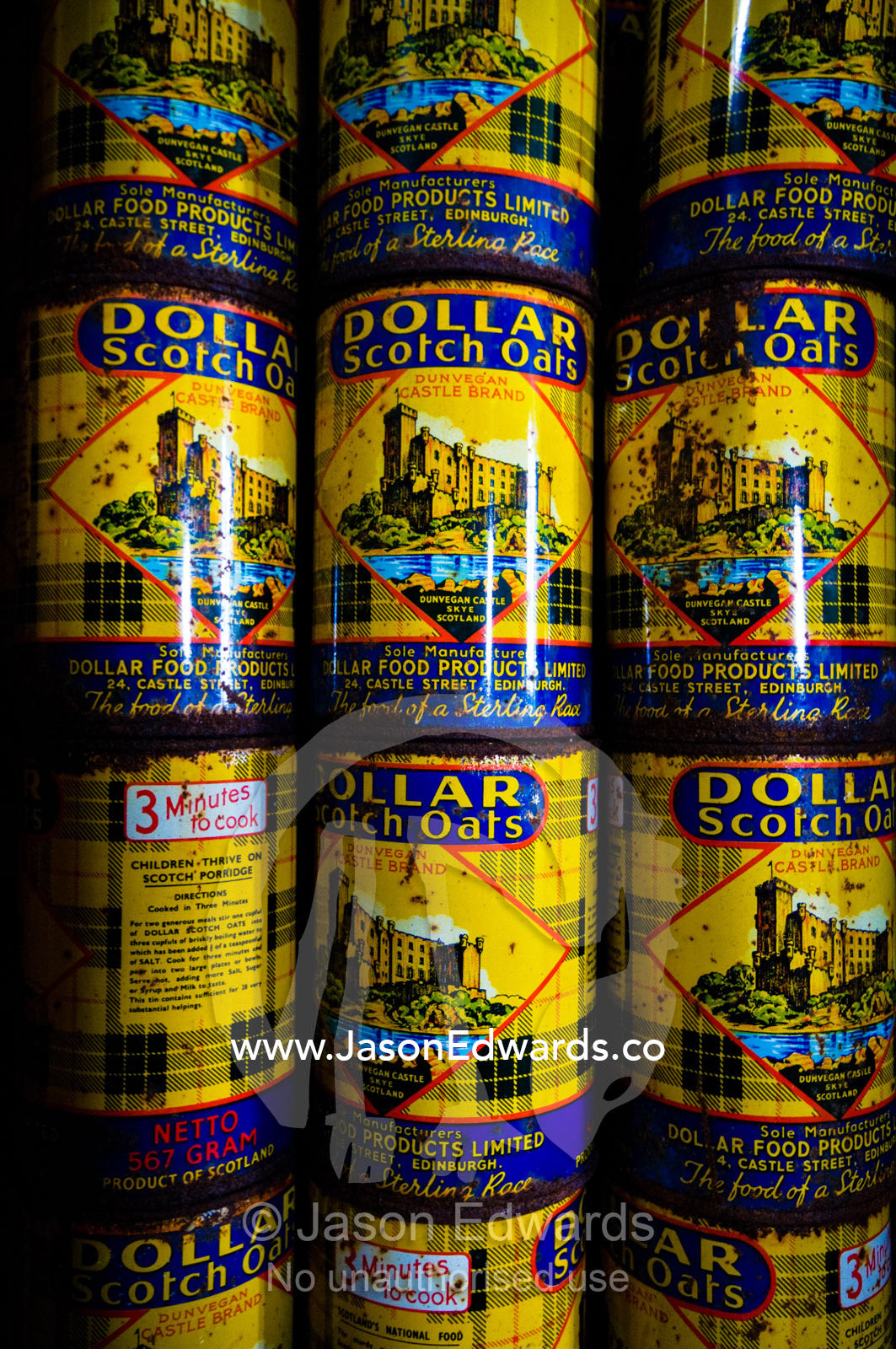 Tins of oats in an abandoned Antarctic scientific research station. Station W, Detaille Island, Antarctic Peninsula, Antarctic Circle, Antarctica.