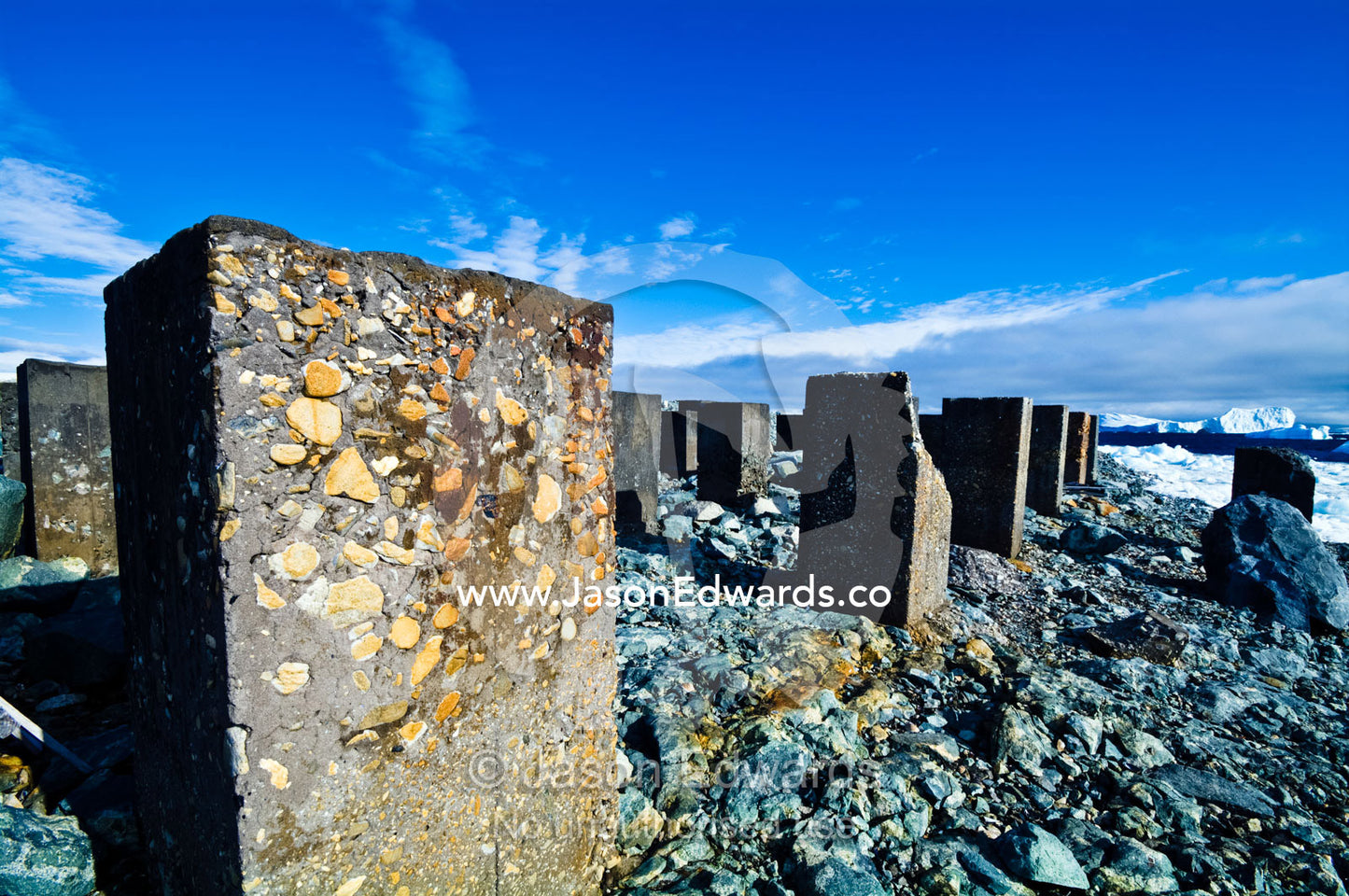 Foundations of the ruins of an abandoned Antarctic research station. Prospect Point, Crystal Sound, Antarctic Peninsula, Antarctic Circle, Antarctica.