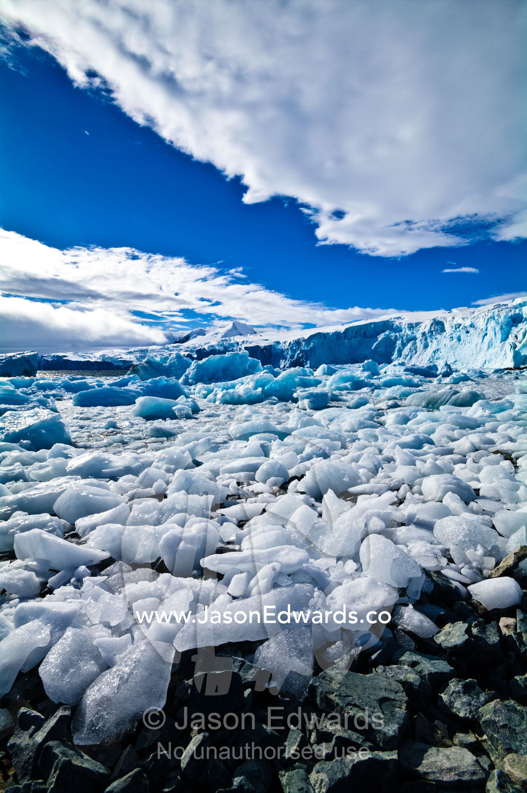 Crushed ice flows and icebergs crowd in a diorite bay near ice cliffs. Prospect Point, Crystal Sound, Antarctic Peninsula, Antarctic Circle, Antarctica.