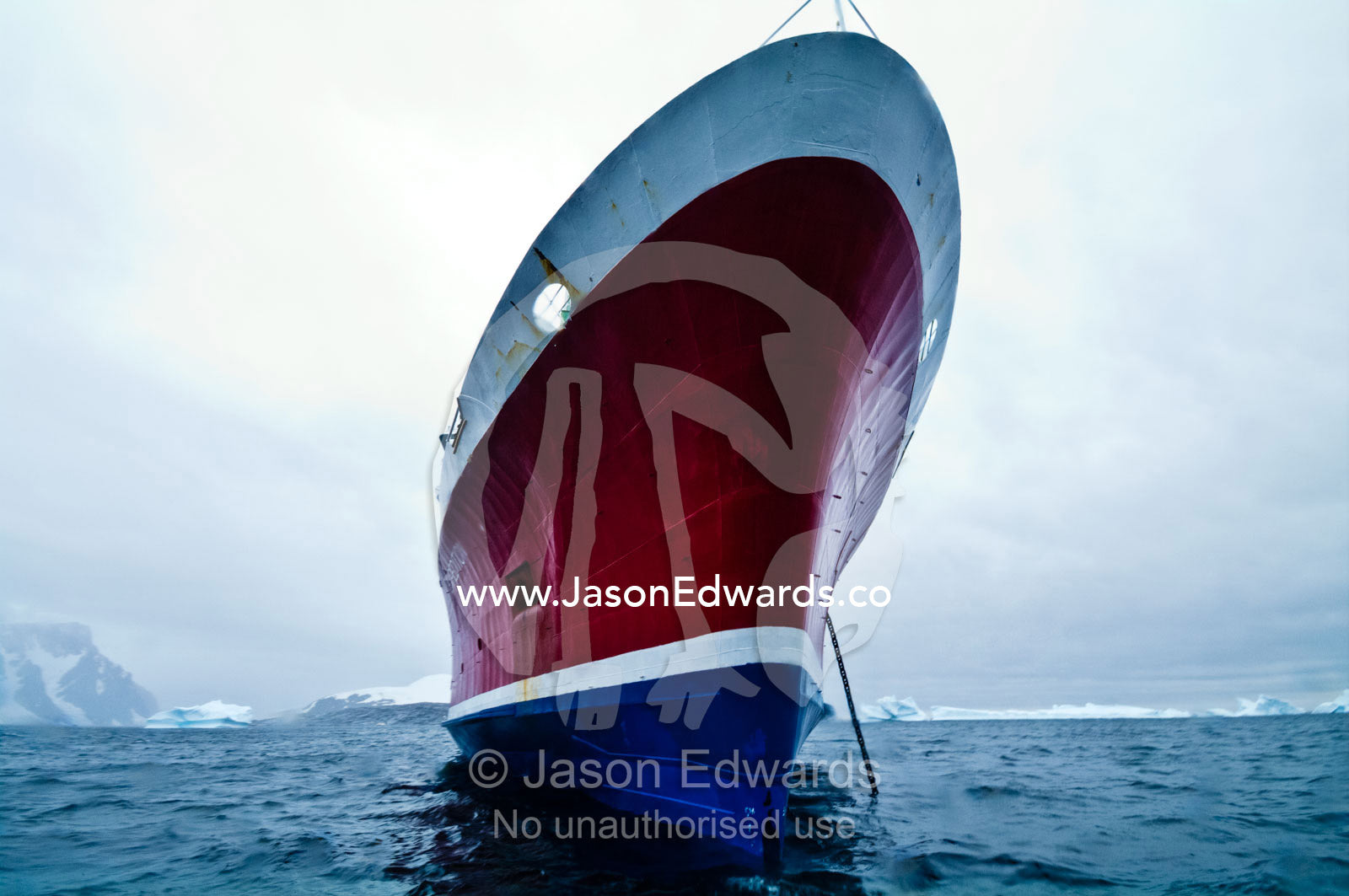 The enormous ice strengthened bow of an ecotourism ship in Antarctica. Pl��neau and Booth Islands, Bellingshausen Sea, Antarctic Peninsula, Antarctica.
