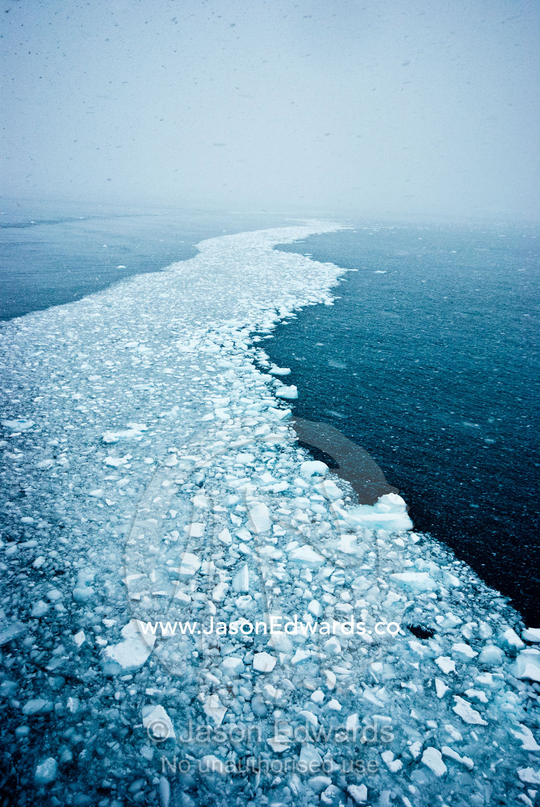 Icebergs float on a sea current in a blizzard beneath a grey sky. Gerlache Strait, Graham Land, Antarctic Peninsula, Antarctica.
