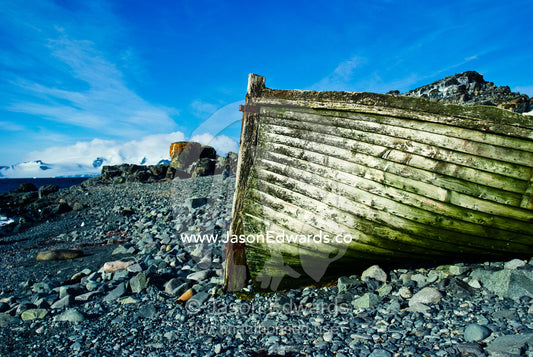 A sealers    clinker-built boat hulk used to carry barrels of seal oil. Half Moon Island, Burgas Peninsula, Livingston Island, Errera Channel, South Shetland Islands, Antarctic Peninsula, Antarctica.