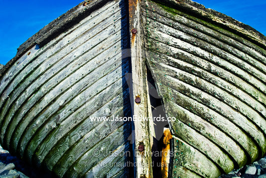 A sealers    clinker-built boat hulk used to carry barrels of seal oil. Half Moon Island, Burgas Peninsula, Livingston Island, Errera Channel, South Shetland Islands, Antarctic Peninsula, Antarctica.