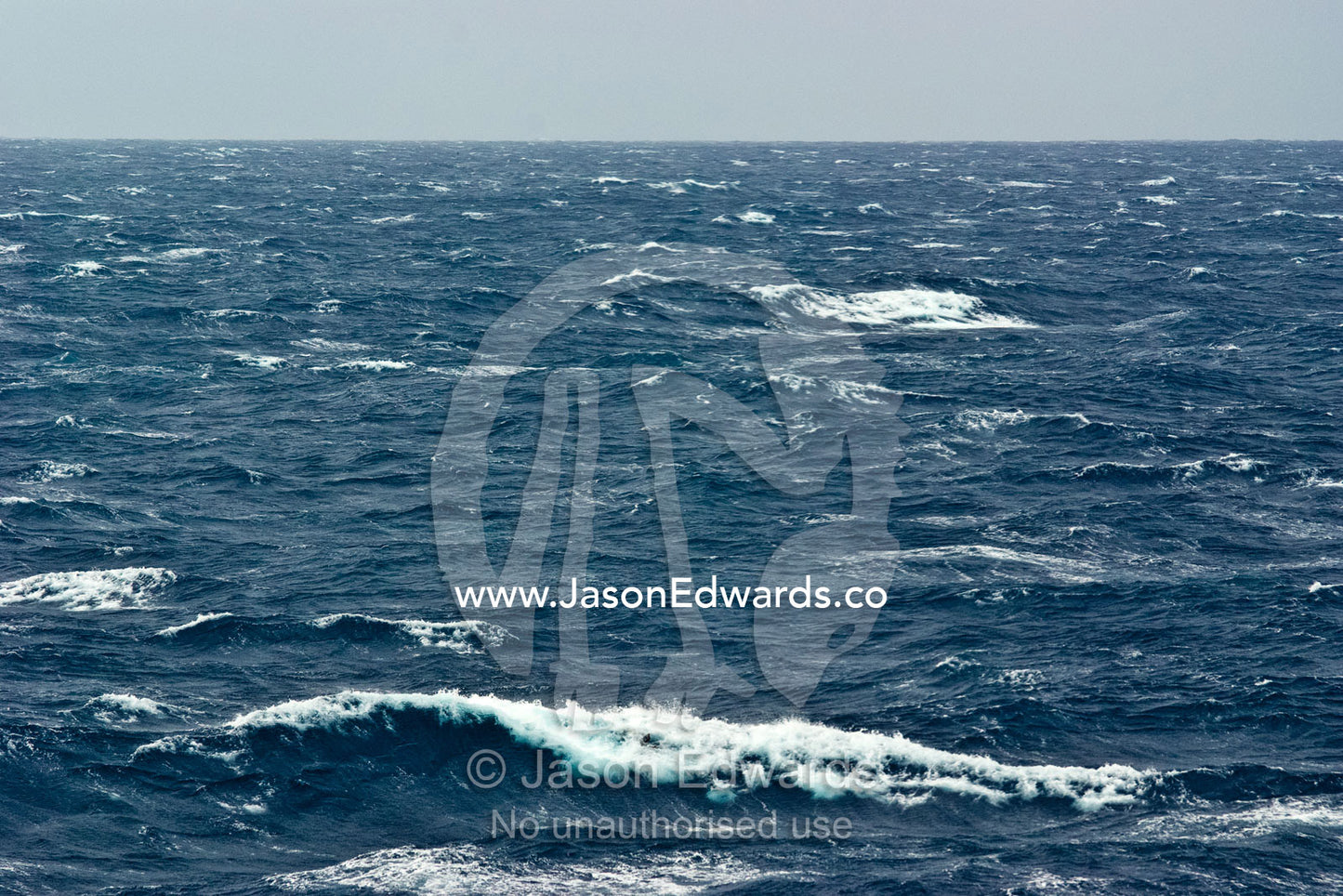 Wind lashed waves roll across a grey stormy featureless ocean horizon. The Drake Passage between the Atlantic Ocean and Pacific Ocean.