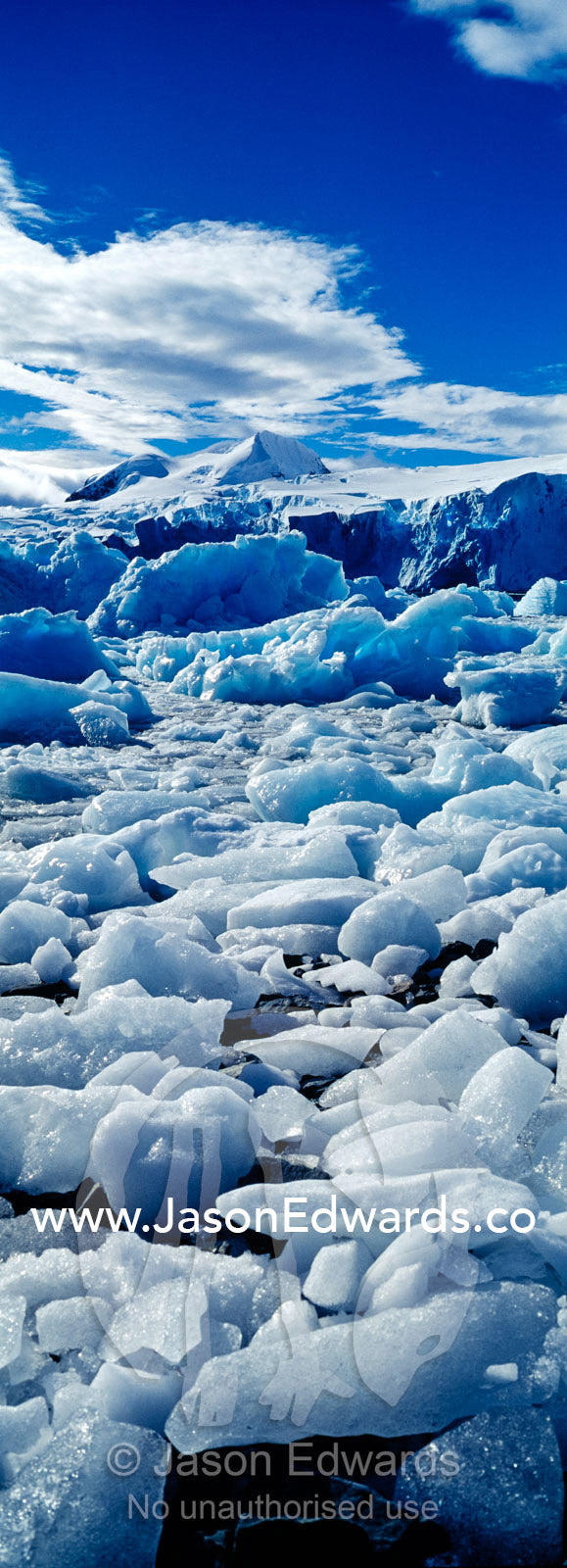 Crushed ice flows and icebergs crowd in a diorite bay near ice cliffs. Prospect Point, Crystal Sound, Antarctic Peninsula, Antarctic Circle, Antarctica.