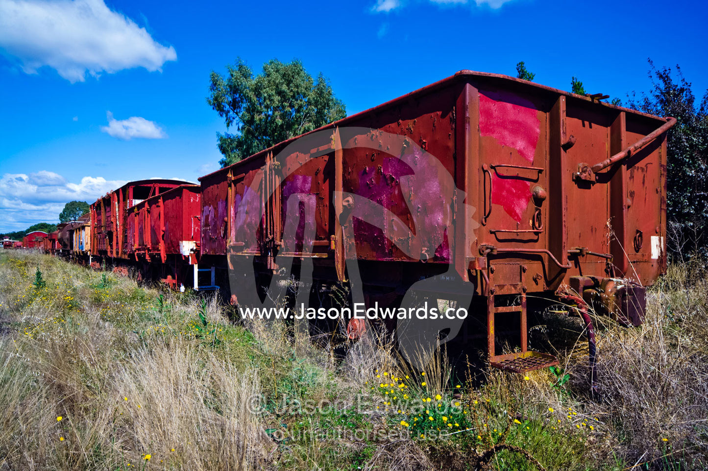Antique train carriages rusting beside a rural railway track. Castlemaine, Victoria, Australia.