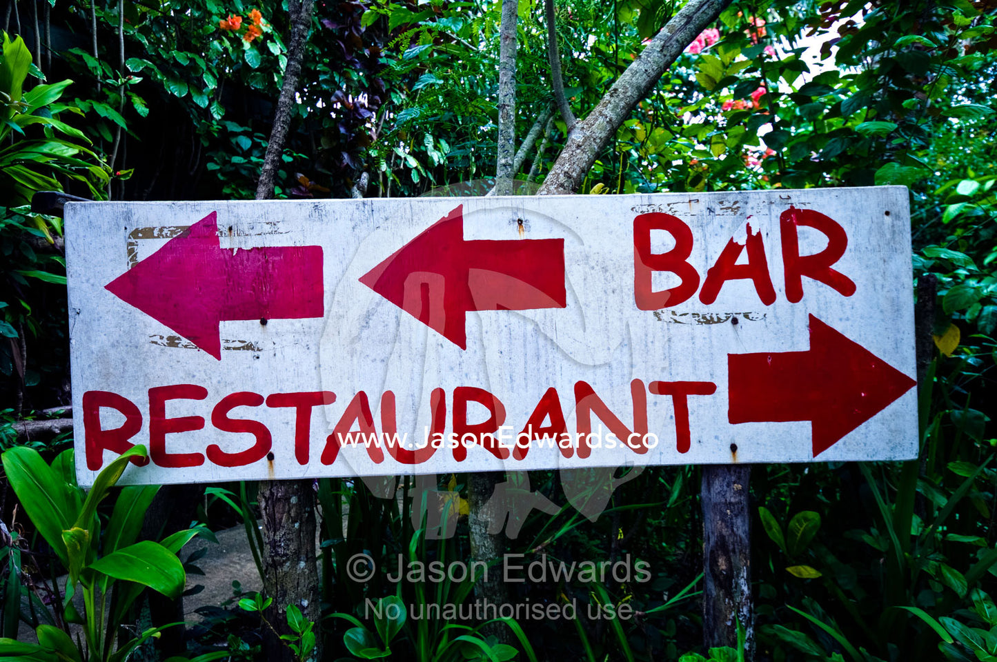 A simple sign points in the direction of a bar and a restaurant. Port of Refuge, Neiafu, Vava'u Island Group, Pacific Ocean, Oceania, Kingdom of Tonga.