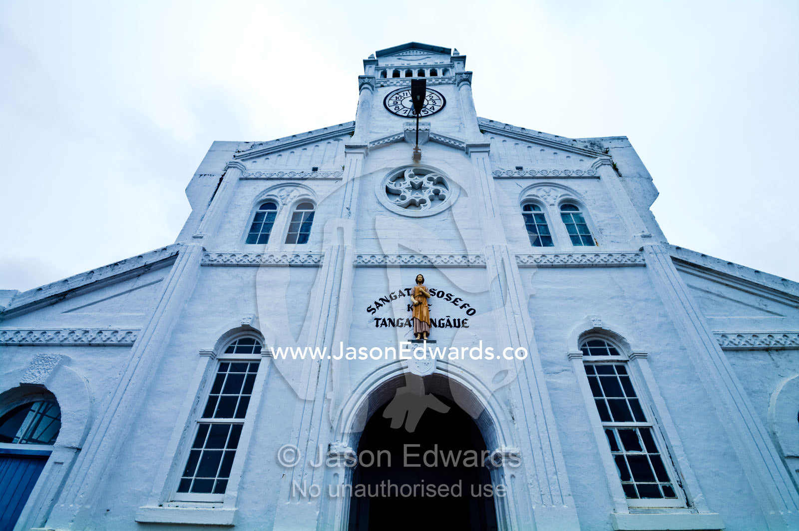 The main entrance of St Joseph's Cathedral Catholic Church. Port of Refuge, Neiafu, Vava'u Island Group, Pacific Ocean, Oceania, Kingdom of Tonga.