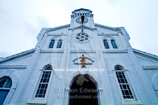 The main entrance of St Joseph's Cathedral Catholic Church. Port of Refuge, Neiafu, Vava'u Island Group, Pacific Ocean, Oceania, Kingdom of Tonga.
