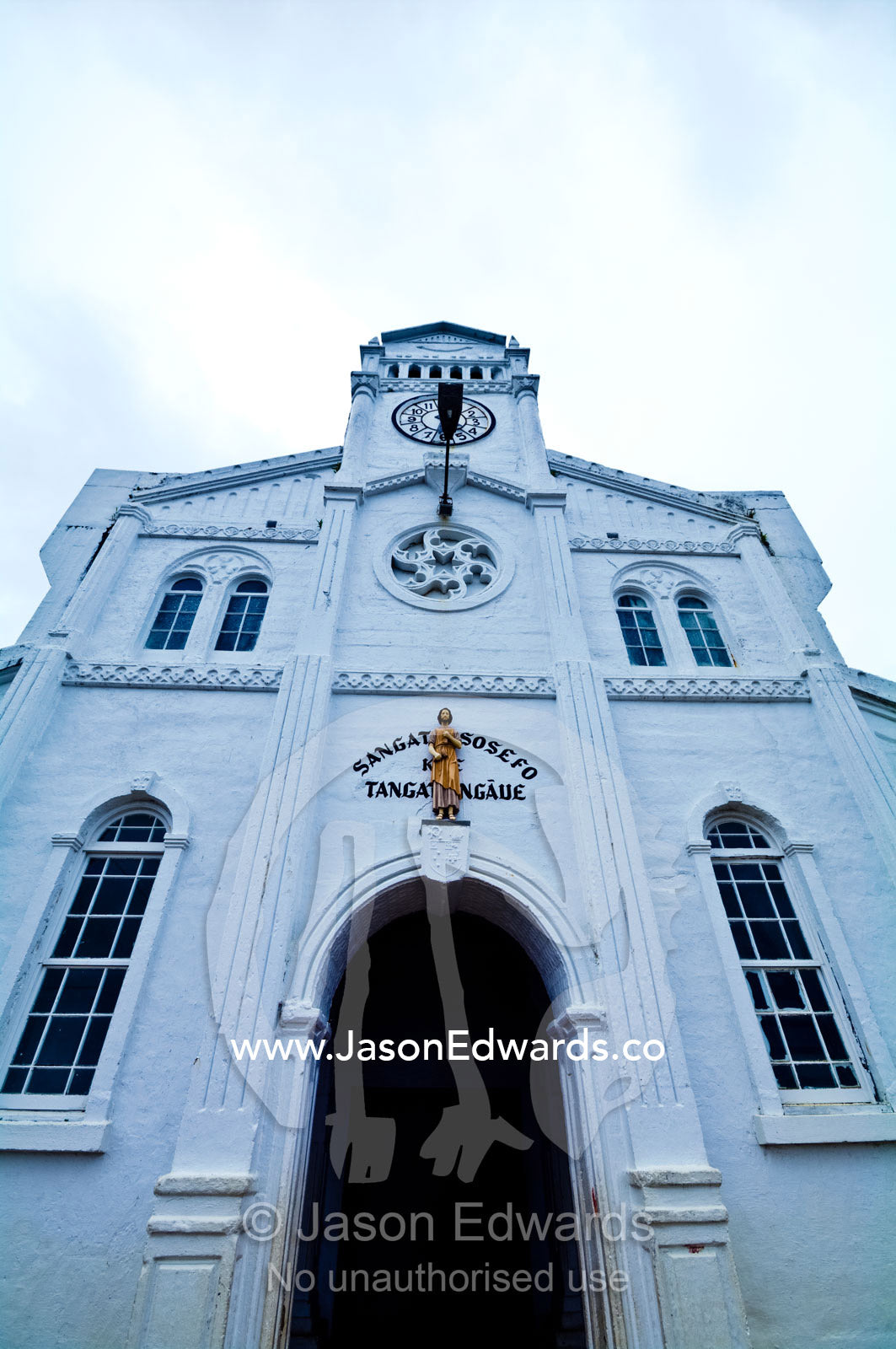 The main entrance of St Joseph's Cathedral Catholic Church. Port of Refuge, Neiafu, Vava'u Island Group, Pacific Ocean, Oceania, Kingdom of Tonga.