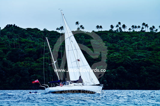 An ocean yacht sails past a lush tropical island under a strong wind. Vava'u Island Group, Pacific Ocean, Oceania, Kingdom of Tonga.