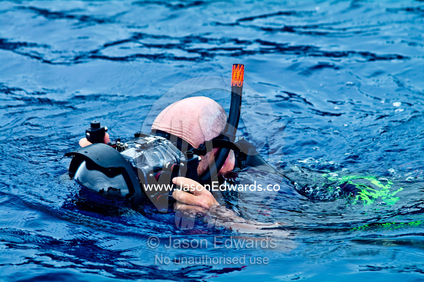 A man snorkels on the ocean surface with an underwater camera. Vava'u Island Group, Pacific Ocean, Oceania, Kingdom of Tonga.