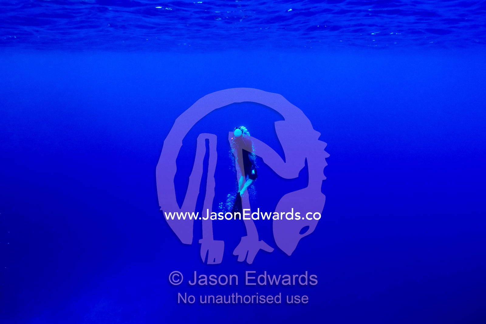 A free diver exhales through his snorkel as he surfaces from the deep. Vava'u Island Group, Pacific Ocean, Oceania, Kingdom of Tonga.