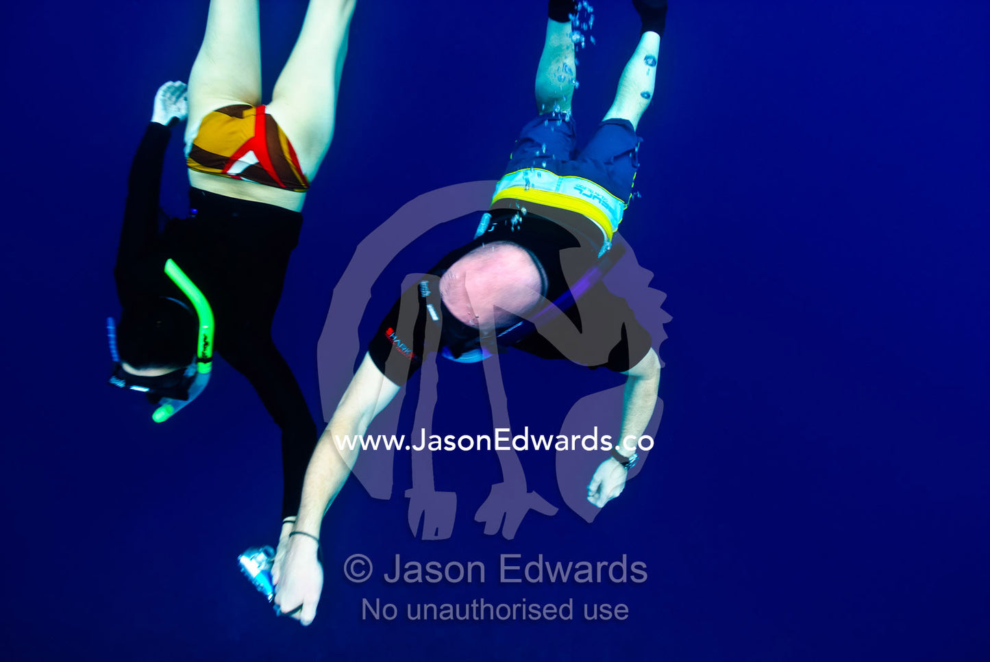 A romantic couple snorkels in clear blue tropical seas holding hands. Vava'u Island Group, Pacific Ocean, Oceania, Kingdom of Tonga.