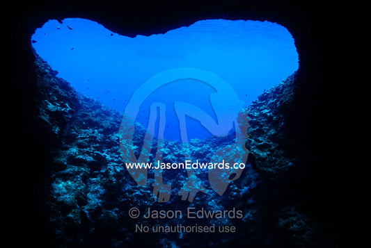 Sunlight pierces the opening of an underwater ocean cave mouth. Mariner's Cave. Vava'u Island Group, Pacific Ocean, Oceania, Kingdom of Tonga.