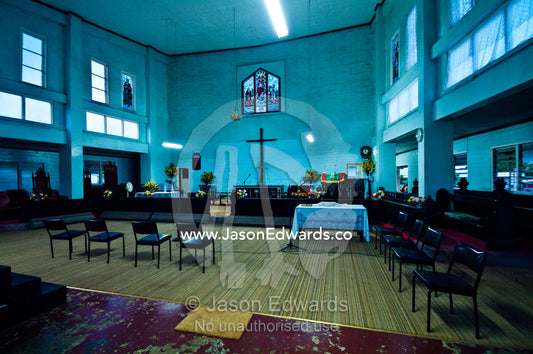 An empty church alter waiting for worshippers and morning prayers. Free Weslayan Methodist Church, Port of Refuge, Neiafu, Vava'u Island Group, Pacific Ocean, Oceania, Kingdom of Tonga.