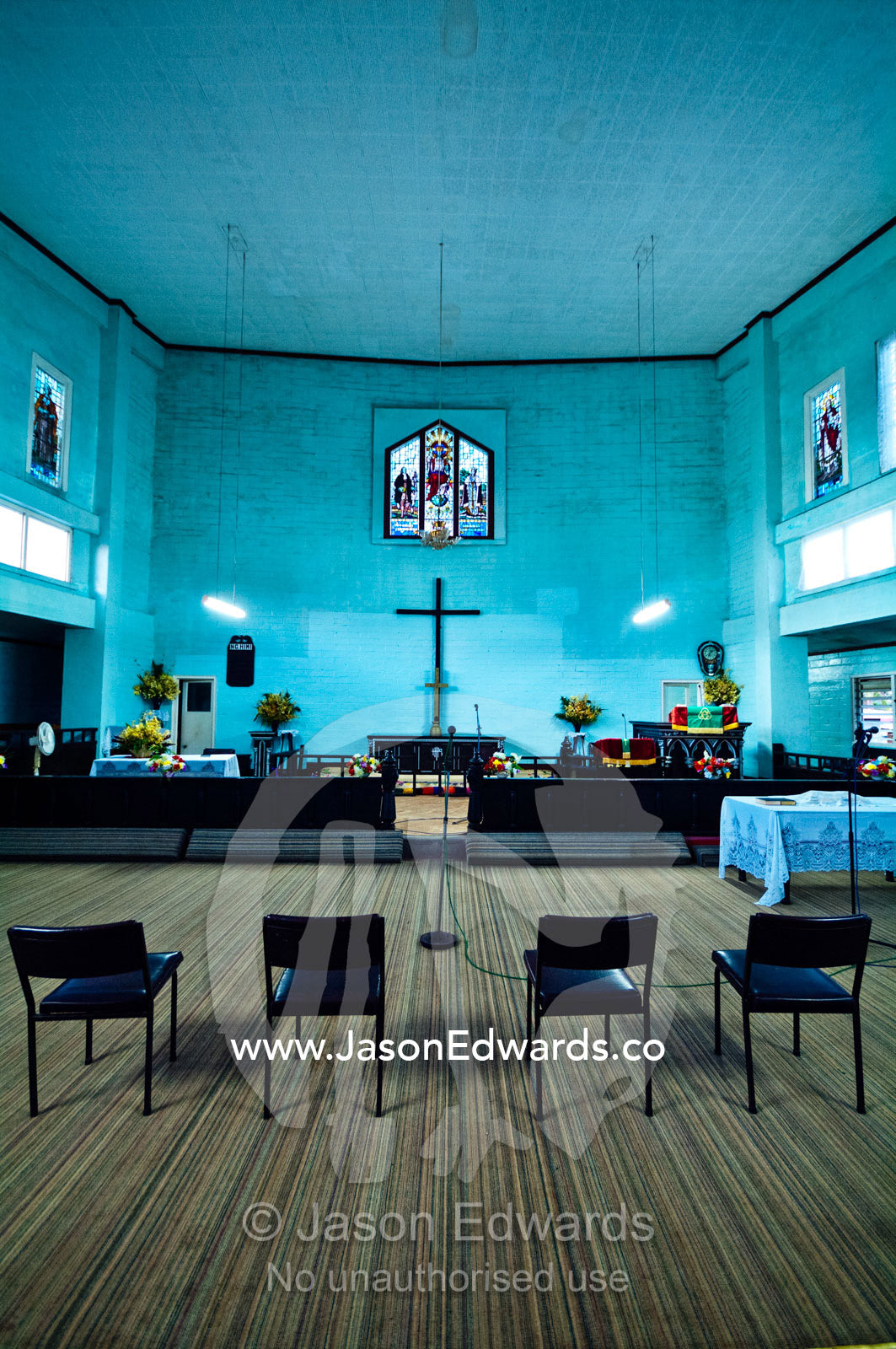 An empty church alter waiting for worshippers and morning prayers. Free Weslayan Methodist Church, Port of Refuge, Neiafu, Vava'u Island Group, Pacific Ocean, Oceania, Kingdom of Tonga.