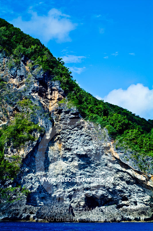 A massive limestone cliff and rainforest rises from turquoise seas. Vava'u Island Group, Pacific Ocean, Oceania, Kingdom of Tonga.