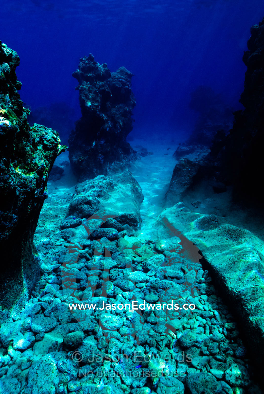 Boulders and coral reef eroded into an underwater channel by waves. Vava'u Island Group, Pacific Ocean, Oceania, Kingdom of Tonga.