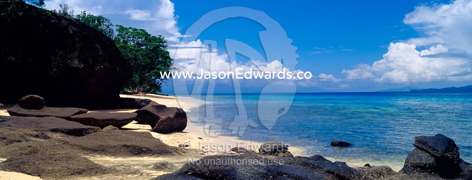 An idyllic cove overlooks a turquoise lagoon on a tropical island. Rabi Island, Somosomo Strait, Pacific Ocean, Fiji Islands.