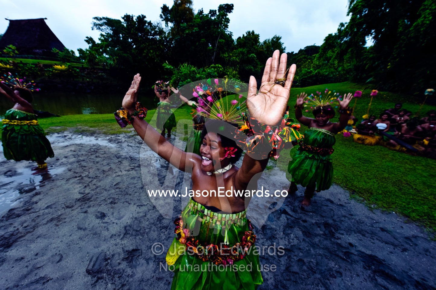 A woman throws her hands into the air during a Meke dance ceremony. Fiji Arts Village, Viti Levu, Pacific Ocean, Fiji Islands.
