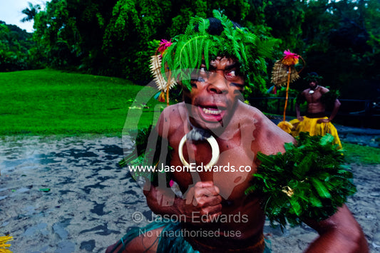 A warrior gives a terrifying battle cry during a Meke dance ceremony. Fiji Arts Village, Viti Levu, Pacific Ocean, Fiji Islands.