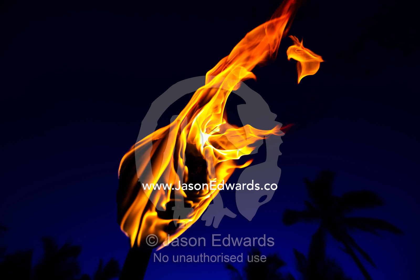 A fire stick raised into the tropical night sky beneath palm trees. Momi Bay, Viti Levu, Malolo Archipelago, Pacific Ocean, Fiji Islands.