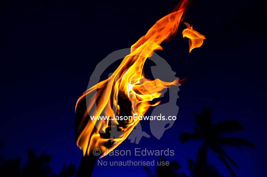 A fire stick raised into the tropical night sky beneath palm trees. Momi Bay, Viti Levu, Malolo Archipelago, Pacific Ocean, Fiji Islands.